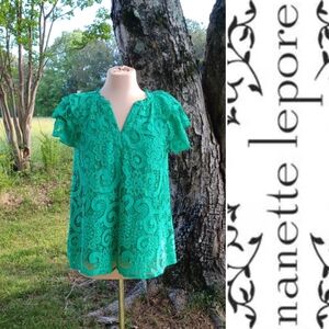 Nanette Lepore Green Flutter Sleeve Lace Blouse Fits 4/6